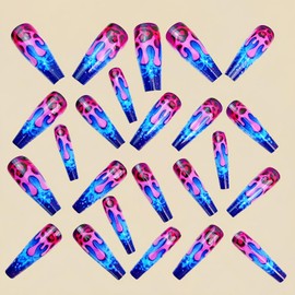 Long Coffin Press on Nails Square French Fake Nails with Leopard Print Designs Blue Gradient Acrylic False Nails Glossy Stick on Nails for Women Reusable Nail Kit with Nail Glue Adhesive Tabs 24Pcs