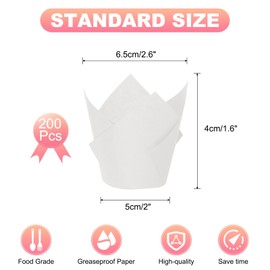 sourcing map 200 Pcs Tulip Baking Cups Cupcake Muffins Liners Paper Greaseproof Wrappers for Wedding Birthday Party Festivals Christmas, White