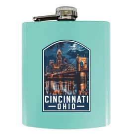 R and R Imports Cincinnati Ohio Nighttime Ohio Design Souvenir 7 oz Steel Flask Matte Finish Seafoam 4-Pack