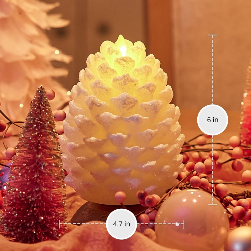 Luminara Pinecone Flameless Candle White Swan Glitter and Snow Finish