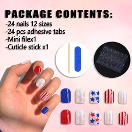 24 Pcs Short Square Press on Nails Independence Day Fake Nails with Glue Glossy Glitter Acrylic Nails Supply Red Blue White Star Stripes Nail Design Patriotic July 4 False Nails for Women and Girls