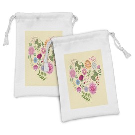 Ambesonne Heart Fabric Pouch Set of 2, Various Colorful Flowers and Butterflies Forming a Heart Shape on Cream Backdrop, Small Drawstring Bag for Toiletries Masks and Favors, 9" x 6", Multicolor
