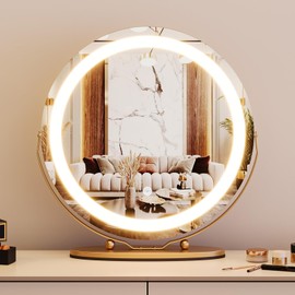 Garvee 19 in Vanity Mirror with Led Lights, Large Round Makeup Mirror with Touch Control and 3 Color Lighting Modes, Round Vanity Mirror for Bedroom, Tabletop, Living Room, Easy to Install, Gold