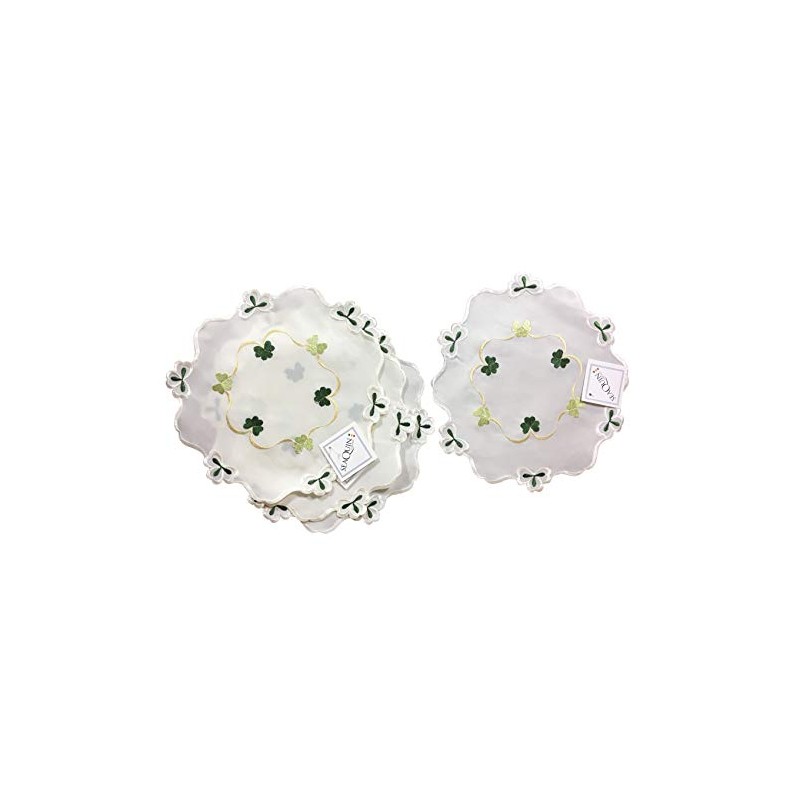 Embroidered Shamrock Doilies Pack of 4 Scallop Edge Leaf Design