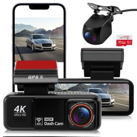 Dashcam Car Front Rear 4K + 2K Car Camera with 64GB SD Card ADAS BSD WiFi GPS Dashcam with 170° Wide Angle, G-Sensor, Night Vision, Loop Recording, Parking Monitoring, App Control