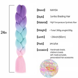 Rainbow Braiding Hair Extensions 24inch Pastel Hair Braids 3Packs Soft Colored Braiding Hair Extensions #Purple-green-pink