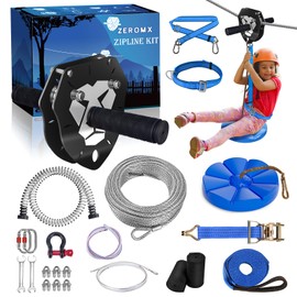 Zip Line Kit 120ft 150ft for Kids Adults Up to 380lb – Removable Lion Trolley, 6.5ft Spring Brake, Upgraded Ratchet System, Safety Harness, Tree Protectors, Seat – Backyard Zipline Set for Outdoor