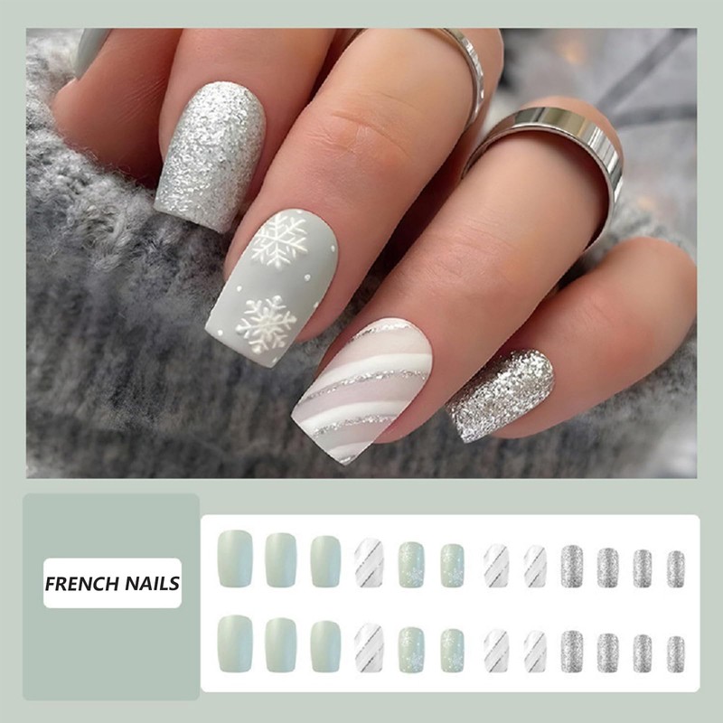 Square Christmas False Nails - 24PCS Short Press on Nails