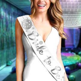 Disco Bride Sash - Silver Disco Ball Bride To Be BRIDAL GRADE White Satin Sash - Last Disco Bachelorette Party Decorations - White Sash(DiscoB2B) SLV/Wht