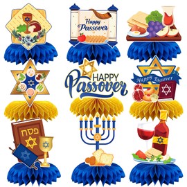 FANOST Happy Passover Honeycomb Table Centerpieces, 9 Pack Blue Gold Themed Menorah Dreidel Passover Table Centerpieces for Hanukkah Jewish Pesach Festival Party Decorations Supplies
