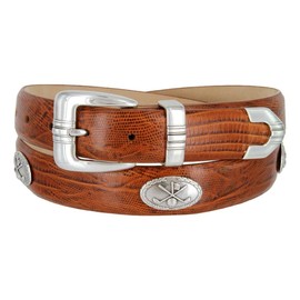 Golf Club Italian Calfskin Genuine Leather Designer Dress Golf Conchos Belt 1-1/8"(30mm) Wide (Lizard Tan, 34)