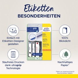 AVERY Zweckform L4758-10 Ordnerrücken Etiketten (50 Rückenschilder mit ultragrip, 38x297mm auf A4, schmal/lang, selbstklebend, absolut blickdicht, bedruckbare Ordneretiketten) 10 Blatt, weiß