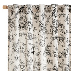 Vangao Linen Blend Floral Curtains for Living Room 96 Inches Long Black on Beige Drapes Back Tab Light Filtering Toile Printed Farmhouse Bedroom Decor Rod Pocket 2 Panels Set