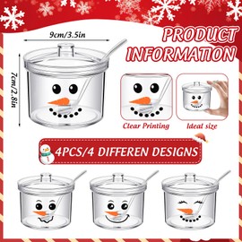 FYSUIMU 4Pcs Christmas Clear Acrylic Sugar Bowl with Lid and Spoon Snowman Face Kitchen Countertop Canisters Condiment Bottle Hot Cocoa Bar Supplies for Winter Xmas Party