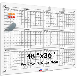 MaxGear Yearly Glass White Board Calendar 48" x 36", Magnetic Glass Dry Erase Board for Wall, 12 Month Frameless Wall Mount Glass Whiteboard for Office with 1 Eraser, 3 Markers and 6 Magnets