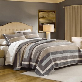 QuiltEase Stripe Quilts King Size - 3 Pieces Quilt Sets - 100% Cotton Farmhouse Bedspread Bedding Set for All Season - Reversible Lightweight Comforter - Brown/Beige/Moon Rock/Charcoal Gray