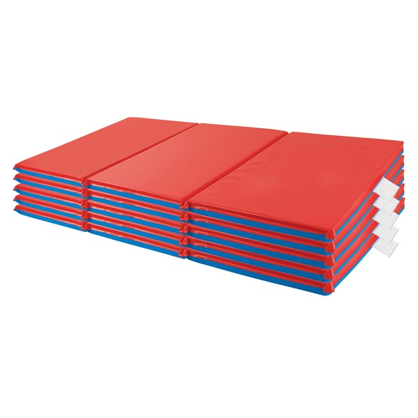 ECR4Kids Premium Folding Rest Mat, 3-Section, 2in, Sleeping Pad, Blue/Red, 5-Pack