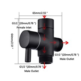 3-Way Diverter Valve Shower G1/2 Inch Shut-off Valve Diverter Valve Brass Shower Adapter with Rubber for Rain Shower and Shower Arm Black