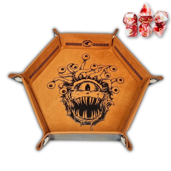 Power Beast Dungeon Beholder Dice Rolling Mat, Dice Tray + Dice Set D&D Polyhedral DND 7pcs, Dungeons and Dragons, Dungeon Master, RPG.