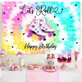 Let's Roll Happy Birthday Decoration Backdrop Tie Dye Skating Birthday Decoration Let's Roll Happy Birthday Backdrop Banner Rainbow Glow Party Decors for 80s 90s Birthday Roller Skating Party Supplies