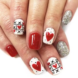 Auiremrti Pack of 24 red heart-shaped glittering artificial nails, Valentine's Day fake nails, artificial nails for gluing, press on nails, short, fingernails for sticking on