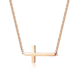 Ovian Sideways Cross Necklace for Women 18K Gold Plated Stainless Steel Christian Religious Cross Choker Necklace (02 Sideways Rose Gold)