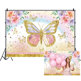 Renaiss Fabric Butterfly Backdrop 8x6ft Colorful Flowers Blossom Golden Glitter Heart Stars Photography Background for Girls Woman Birthday Party Supplies Portraits Photo Booth Prop