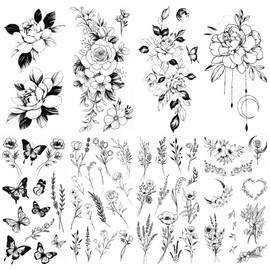 8 Sheets Temporary Tattoos for Women Flowers Wild Plant Butterfly Large and Small Floral Long Lasting Transfer Fake Tattoos Gifts for Women Girls