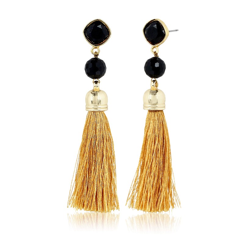 Moonstruck Women Gold Tassel Dangle Earrings With Black Stone for