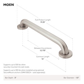 Moen R8916BL Concealed Grab Bar AC 16-Inch Bathroom Safety Grab Bar