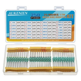 AUKENIEN 1/2W 25 Values Inductor Kit 250 Pieces 0410 1uH to 10mH Color Ring Inductors 1/2 Watt Assorted Set
