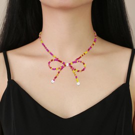 Cute Pearl Bow Necklace for Women Dainty Bowknot Crystal Beaded Choker Necklace Boho Bow Charm Statement Necklace Western Jewelry (Yellow Rice Beaded)