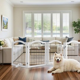 Vantas Folding No-Assembly Dog Door Pet Gate 96" Wide, 30" Tall Wooden Dog Gate with Door Walk Through, Freestanding Wire Pet Gate, Pet Puppy Safety Fence, with 2PCS Support – White