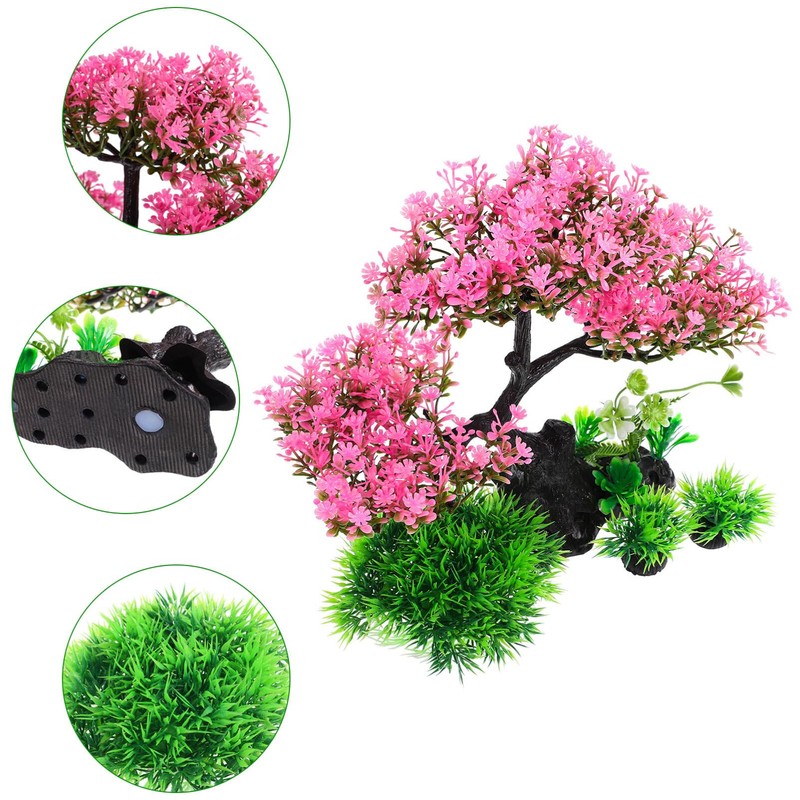 Aquarium Tree Plants Decorations, Artificial Cherry Blossom Tree Grass Set