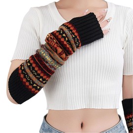 Lucky staryuan Knit Fingerless Gloves, Warm Arm Warmers with Thumb Hole, Bohemian Style, Stretchy Women's Winter Gloves (1, Black)