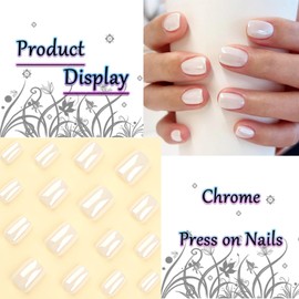 24Pcs Chrome Press on Nails with Chrome Metal Design, Chrome Manicure Art Acrylic Short Square Full Cover Fake Nails Stick on Nails Glossy White Chrome False Nails Gel Glue on Nails for Women Girls