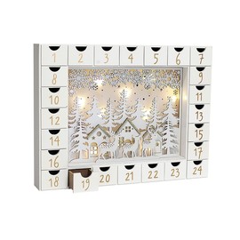 PIONEER-EFFORT Christmas Wooden Advent Calendar with 24 Drawers to Fill Small Gifts Christmas Scene with LED Lights Countdown to Christmas Tabletop Decoration