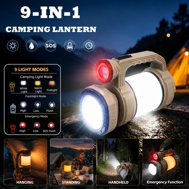 Solar Powered Portable LED Camping Lantern with Fan, Green, USB