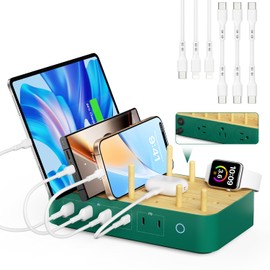 VisionSync Bamboo USB-C Charging Station for Multiple Devices,60W 6 Port Charing Dock with 3 AC Outlets, 3 USB C, 3 USB A,6.6ft Power Cord for lPhone,lPad,Tablets (6 Mixed Cables Included),Green