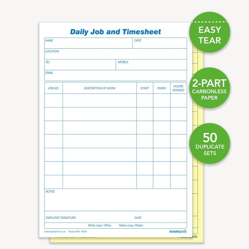 Ocean Pads Daily Job and Time Sheet Book Duplicate A5
