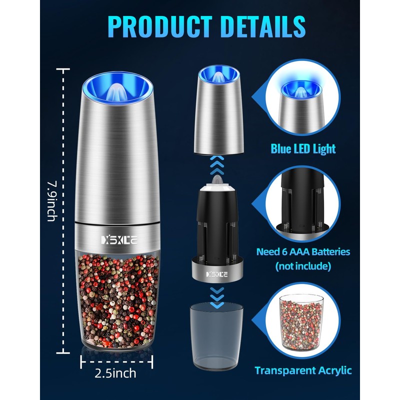 XinXu Gravity Electric Pepper and Salt Grinder Set, Salt/Pepper Mill
