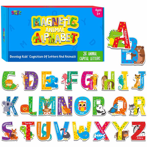 26 Magnetic Alphabet, Uppercase Letters with Adorable Zoo Animal Alphabet ABC Fridge Magnets Educational Spelling Learning Games Toys Set for Kids, Toddlers 3 4 5 Years Old