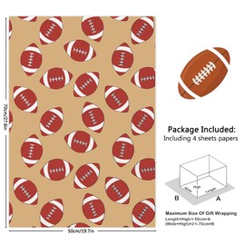 Rugby Ball Wrapping Paper, 4 Sheets Football Wrapping Paper for Men Boys Kids 50x70cm, Brown Sports Rugby Gift Wrap Paper for Sport Events Wedding Birthday Party