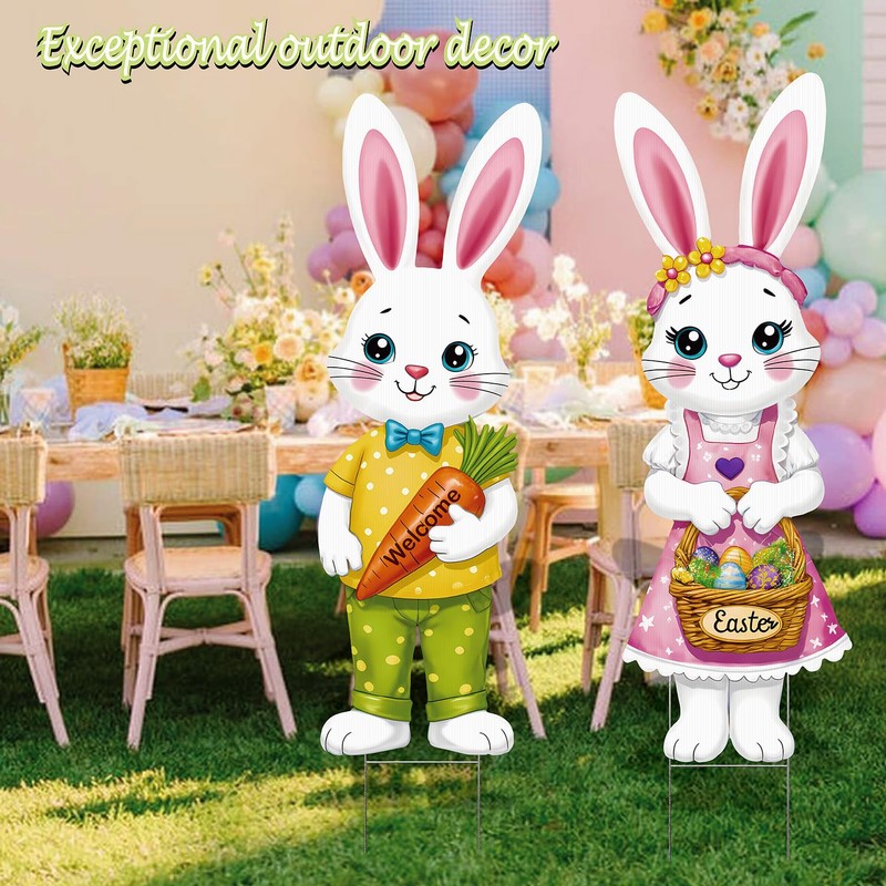 BoGlowHaven 2pcs Easter Yard Signs with Stakes, Cute Bunny Easter