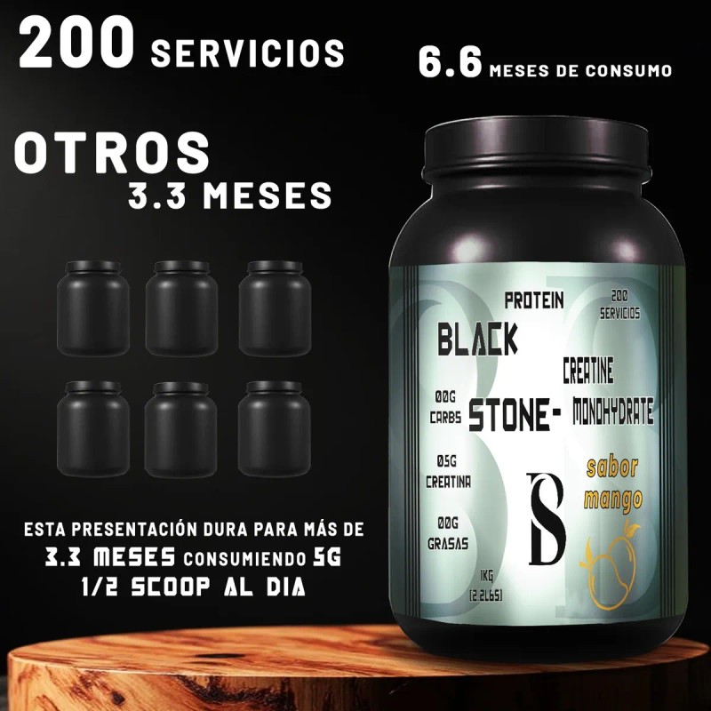 Creatina Monohidratada 1kg Black Stone 200 Servicios Sabores Mango