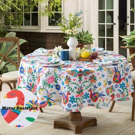 Newbridge Otomi Birds Folk Art Fabric Tablecloth, 60 Inch x 84 Inch Oval, Colorful Otomi Folk Art Water and Stain Resistant, No-Iron Fabric Tablecloth for Dining Parties and Barbecues