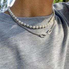 Stocking Stuffers Gifts for Women Pearl Necklace for Men Pearl Beaded Choker Faux Pearl Necklace Silver Layered Chain Necklace for Men Boyfriend Husband Son