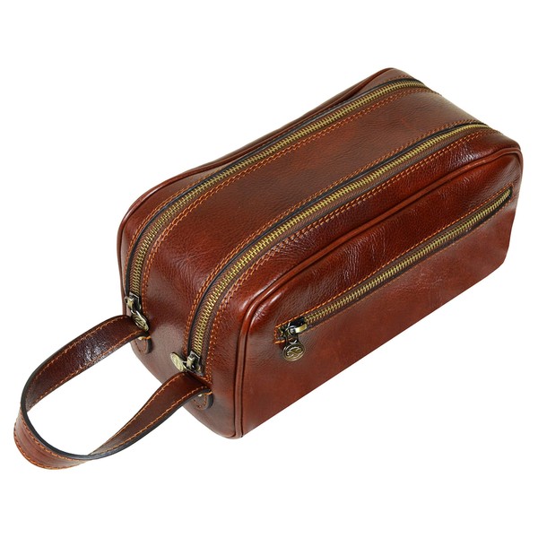 Time Resistance Leather Cosmetic Bag Toiletry Italian Classy Dopp Kit (Brown)