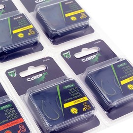 Carp On - Packs of 10 CURVED SHANK Fishing Hooks Eyed - Barbless or Micro Barbed Size 6 or 8 Camo Green Or Brown - Made From Teflon Coated Carbon Steel (Barbless - Camo Brown, Pack of 10 - Size 8)