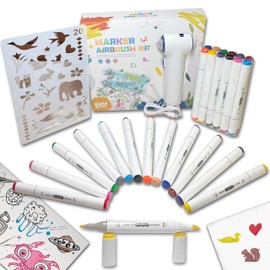 BECUSSITTA Airbrush Marker Sprayer Set for Kids - 24 Washable Markers & 20 Stencils - Fun Arts & Crafts Kit for Ages 5-9 - Creative Gift for Boys & Girls - Cordless Rechargeable Electric